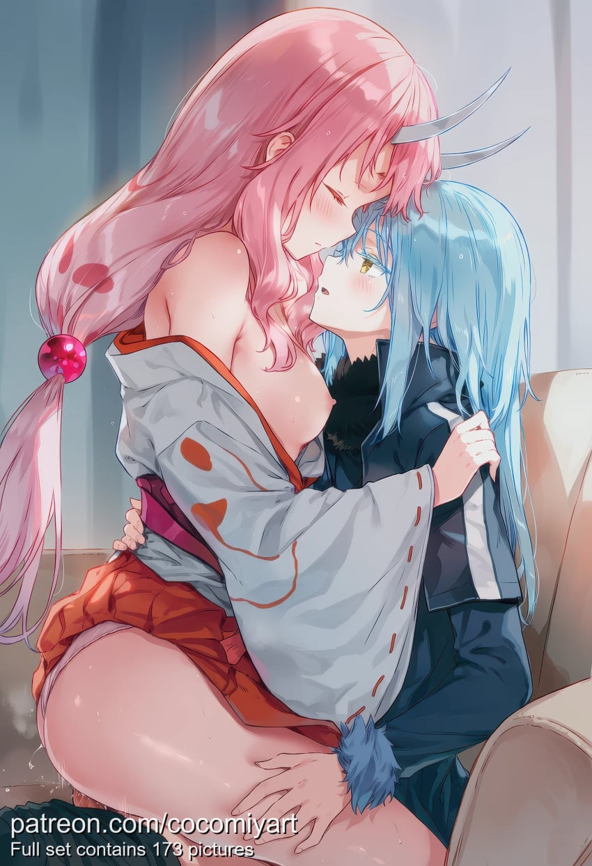 1boy 1girl 1other 2026 ai_generated androgynous blue_hair blush breasts censored closed_eyes clothed_sex cocomiyart face-to-face from_side fur_trim genderswap hand_on_another's_hip hand_on_another's_shoulder hetero highres horns indoors japanese_clothes kimono long_hair long_sleeves looking_at_another medium_breasts nipples nsfw off_shoulder oni open_mouth panties penis pink_hair ribbon_trim rimuru_tempest sex shuna_(tensei_shitara_slime_datta_ken) sitting sitting_on_lap sitting_on_person skirt straddling straight_hair tensei_shitara_slime_datta_ken uncensored upright_straddle vaginal very_long_hair white_kimono wide_sleeves yellow_eyes