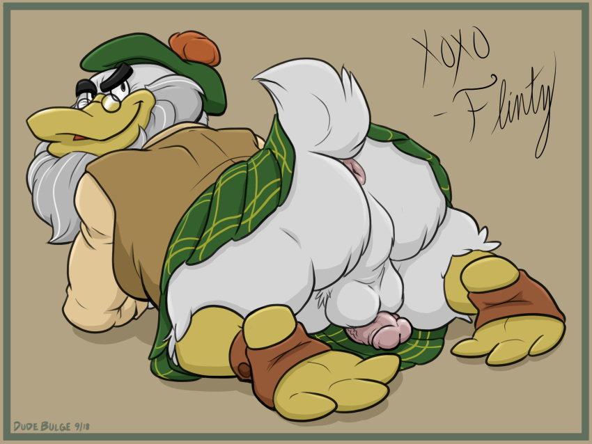 2018 3_toes all_fours anthro anus ass avian balls beard bird black_eyes brown_background disney duck ducktales dudebulge eyewear facial_hair feathers flintheart_glomgold glasses hi_res inviting kilt looking_at_viewer looking_back male male_only old open_mouth penis presenting presenting_hindquarters rear_view signature simple_background solo toes vein veiny_penis white_feathers