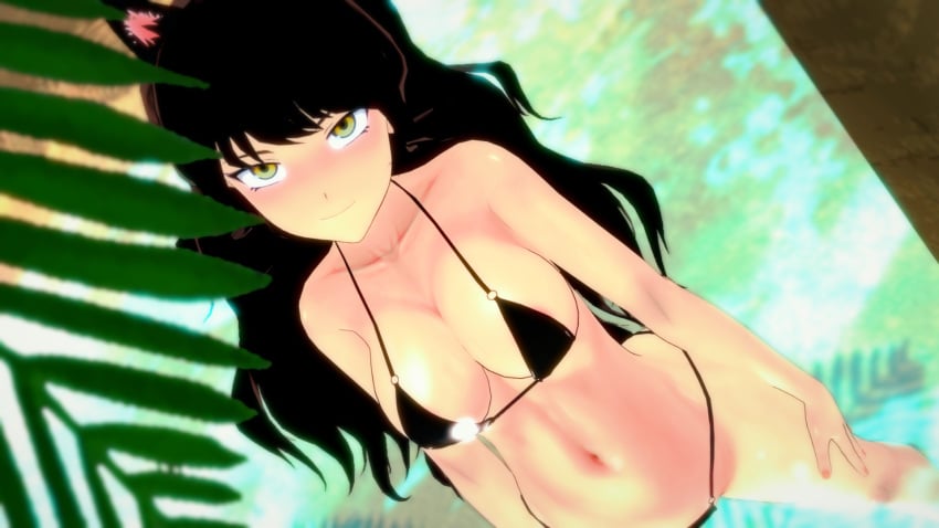 1girls bikini bikini_bottom bikini_top black_hair black_hair_female blake_belladonna cat_ears cleavage half-dressed half_naked half_naked_female logang45 rwby solo_female yellow_eyes