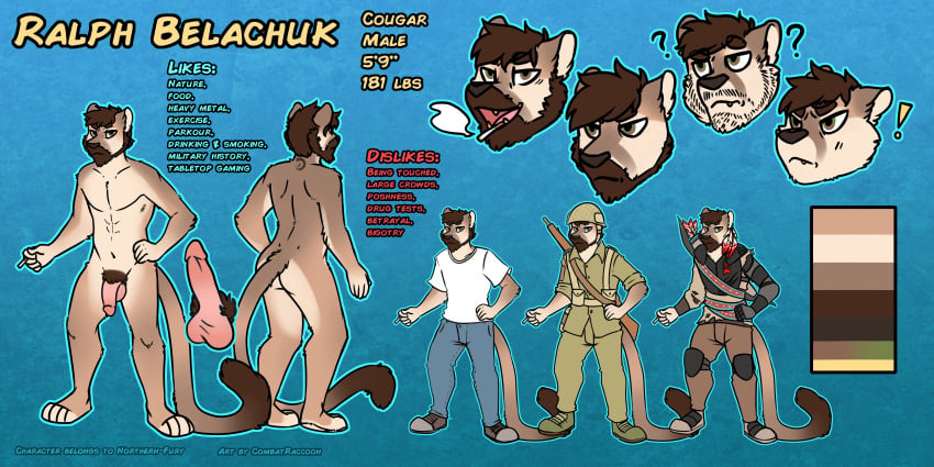 anthro beard brown_eyes brown_fur brown_hair combatraccoon cougar facial_hair feline fur gwnf74 hair male mammal model_sheet penis ralph_belachuk solo tattoo white_fur