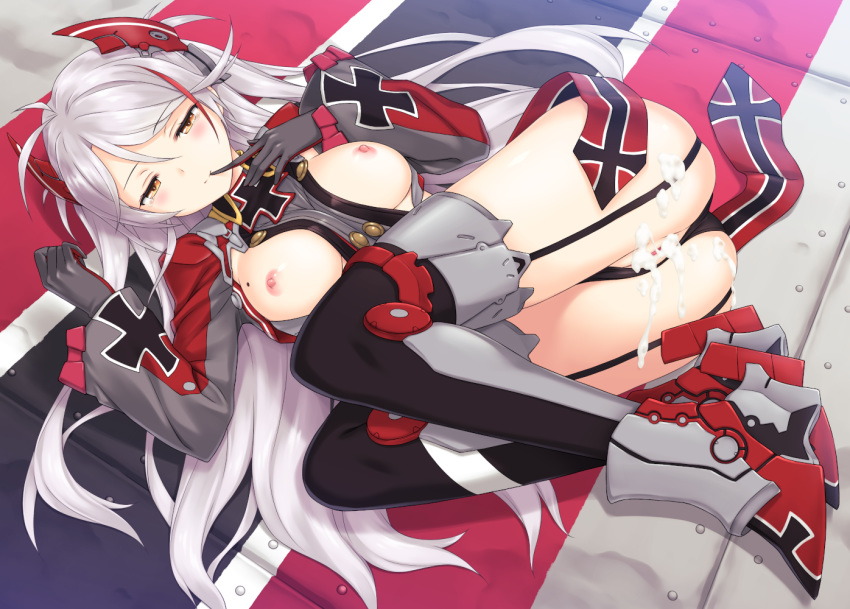 antenna_hair areolae armpit_cutout ass azur_lane bangs blush boots breasts brown_eyes cum cum_in_pussy cum_on_body cum_on_lower_body eyebrows_visible_through_hair female finger_to_mouth garter_straps hair_between_eyes half-closed_eyes headgear iron_cross kirisawa_shinji large_breasts leotard long_hair long_sleeves looking_at_viewer lying mole mole_on_breast multicolored_hair nipples on_side prinz_eugen_(azur_lane) pussy red_hair rudder_shoes silver_hair smile solo streaked_hair taut_clothes thighs two_side_up very_long_hair wide_sleeves