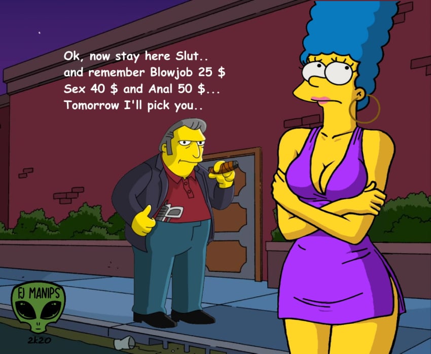 alternate_breast_size arms_crossed cigar cleavage dress earrings english_text fat_tony fjm forced_prostitution gun hoop_earrings large_breasts lipstick mafia marge_simpson pink_dress price prostitute prostitution purple_dress short_dress street tagme the_simpsons unhappy