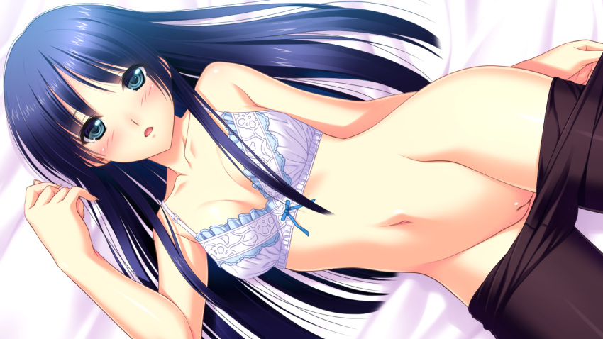 amasaka_takashi bed blue_hair blush bra breasts cleavage game_cg koi_mekuri_clover long_hair navel nopan pantyhose photoshop pussy sakanoue_mikana uncensored underwear