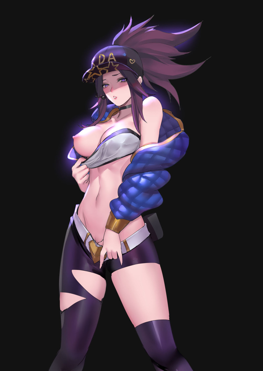 1girls akali alternate_costume areolae blush breasts cap choker cleavage female female_only k/da_akali k/da_series league_of_legends lipstick medium_breasts microphone nipples pd ponytail presenting_breasts purple_eyes purple_hair ripped_clothing solo standing strapless strapless_top strapless_topwear thick_thighs thighs torn_clothes tubetop undressing