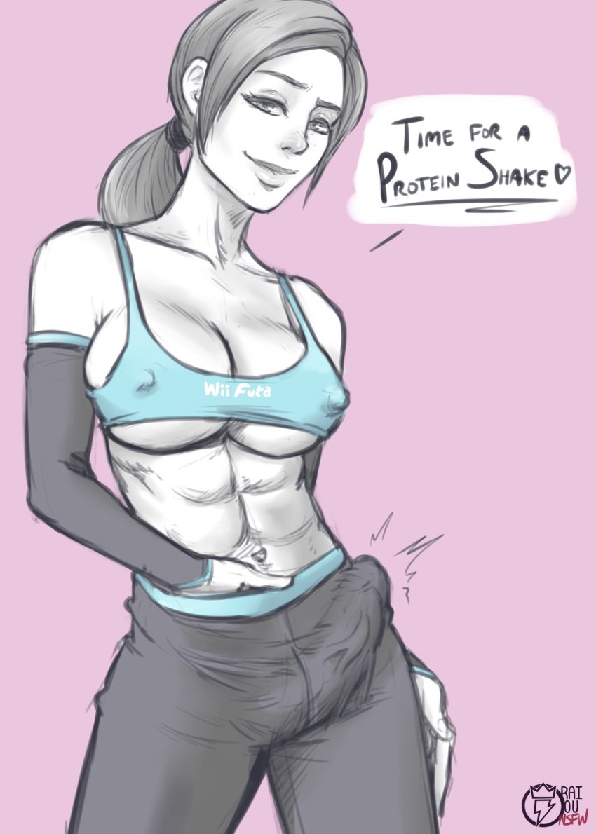 1futa abs breasts bulge caption cleavage dickgirl erect_nipples erection erection_under_clothes fit futa_only futanari intersex looking_at_viewer muscles muscular muscular_futanari nintendo nipples penis raiounsfw solo wii_fit wii_fit_trainer