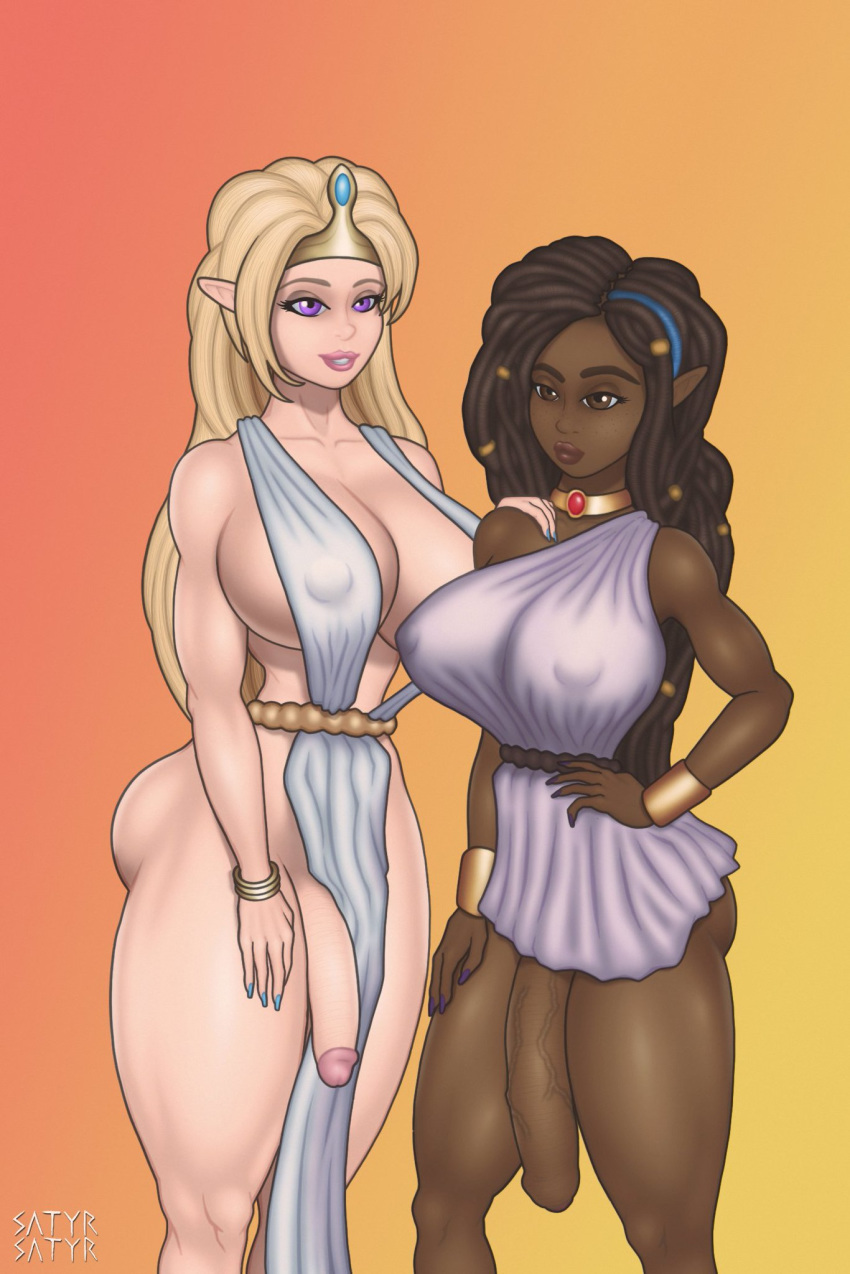 big_breasts big_penis blonde_hair brown_eyes brown_hair bubble_butt collar dark-skinned_futanari dark_skin diadem dreadlocks flaccid futa_with_futa futanari gold_collar huge_ass huge_cock interracial intersex long_hair muscular original original_character penis pinup purple_eyes satyrsatyr tagme toga