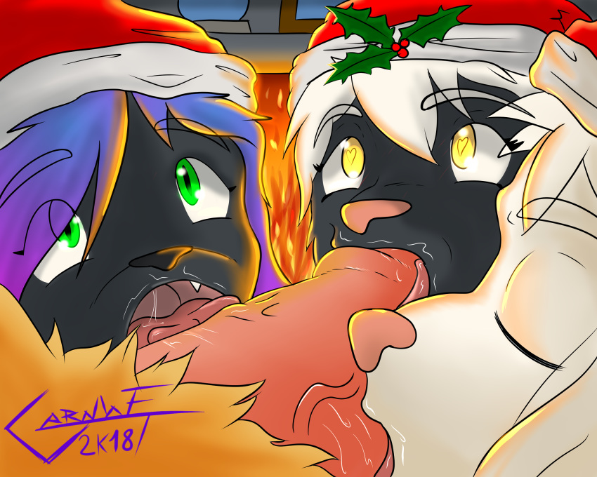 <3_eyes anthro black_fur chiaro christmas feline fellatio female fire fur garnnet green_eyes group group_sex hair hat heart holidays licking lion male mammal oral penis purple_hair santa_hat schesta scuro sex straight tongue tongue_out yellow_eyes