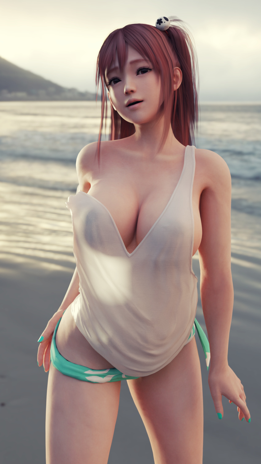 3d beach cleavage dead_or_alive female honoka_(doa) large_breasts pink_hair saqune solo standing tecmo