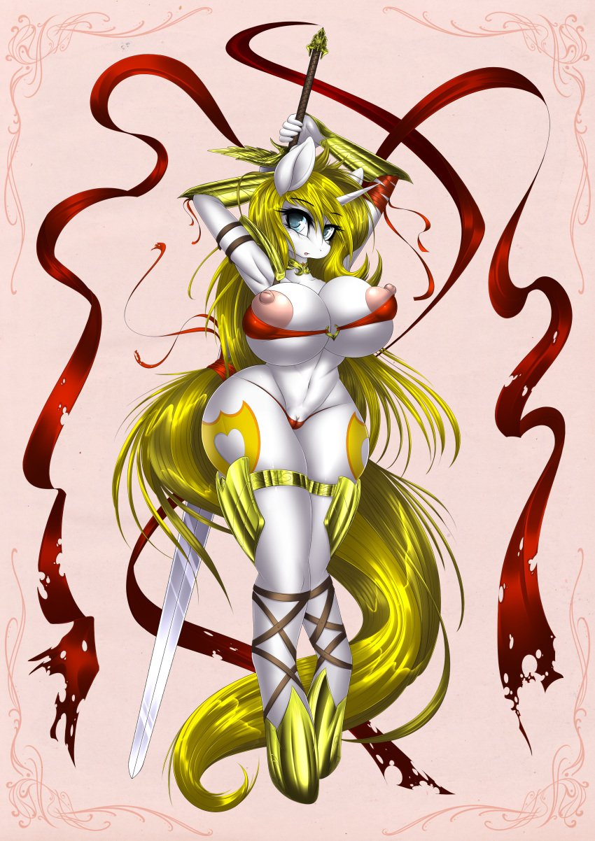 2018 anthro areola armor big_breasts big_nipples blue_eyes breasts cameltoe clothing equine female horn horse hourglass_figure huge_breasts looking_at_viewer mammal melee_weapon mirapony my_little_pony navel nipples nude panties puffy_nipples pussy solo sword thong unconvincing_armor underwear unicorn voluptuous weapon white_heart_(oc)