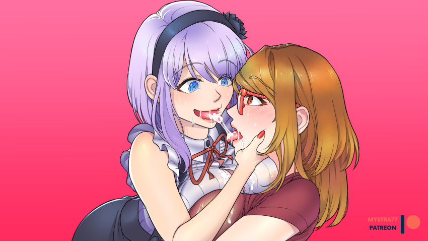 2girls ahe_gao breasts cum cum_swap dagashi_kashi kissing multiple_girls mystra77 patreon patreon_username shidare_hotaru tongue_out yuri