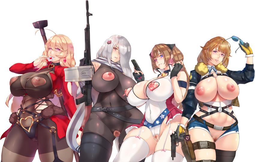 blonde_hair bodysuit breasts brown_hair censored cleavage condom erect_nipples female_only girls'_frontline gloves gray_hair grizzly_mkv_(girls'_frontline) gun long_hair mk23_(girls'_frontline) nipples pk_(girls_frontline) ptrd_(girls'_frontline) riafu scarf shorts sunglasses sunglasses_on_head thighhighs weapon yui.h