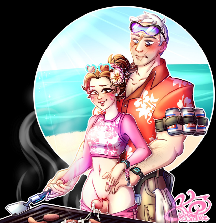 age_difference alternate_costume beach blush cooking cum cum_on_food d.va duo female grillmaster_76 k3mami male navel overwatch penis pussy soldier_76 straight tagme thigh_sex waveracer_d.va whisker_markings