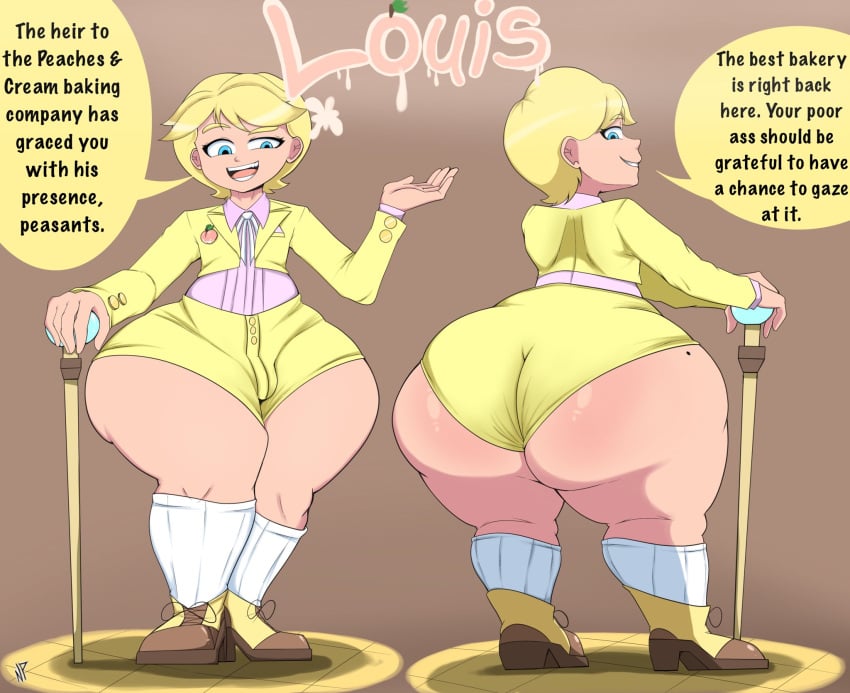 1boy ass_focus big_ass big_butt blonde_hair blue_eyes cane dialogue dumptruck_ass english_text femboy feminine_male huge_ass huge_butt large_ass louis_masterson male_only nataliebum25 solo_male talking_to_viewer text thick_thighs tight_clothes walking_stick wedgie wide_hips