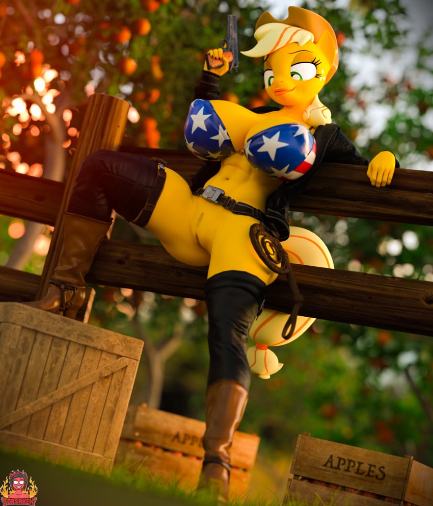 american_flag american_flag_bikini anthro anthrofied applejack_(mlp) belt big_breasts black_nails blonde_hair boots bottomless bra breasts clothing colored_nails colt_1911 cowboy_boots cowboy_hat crate equid equine exhibitionism female fence footwear forsaken_(artist) friendship_is_magic furry green_eyes gun hair handgun hat headgear headwear hi_res horse jacket leather legwear mammal my_little_pony nails pony pose public ranged_weapon rubber solo stetson stetson_hat stockings straight_hair topwear underwear weapon whip