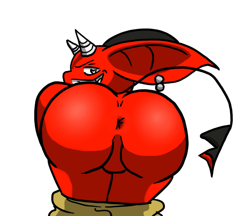 anus ass big_butt clothing demon imp invalid_tag looking_at_viewer looking_back luoco macro710 male male_only mooning presenting presenting_hindquarters rear_view red_skin simple_background smile teeth