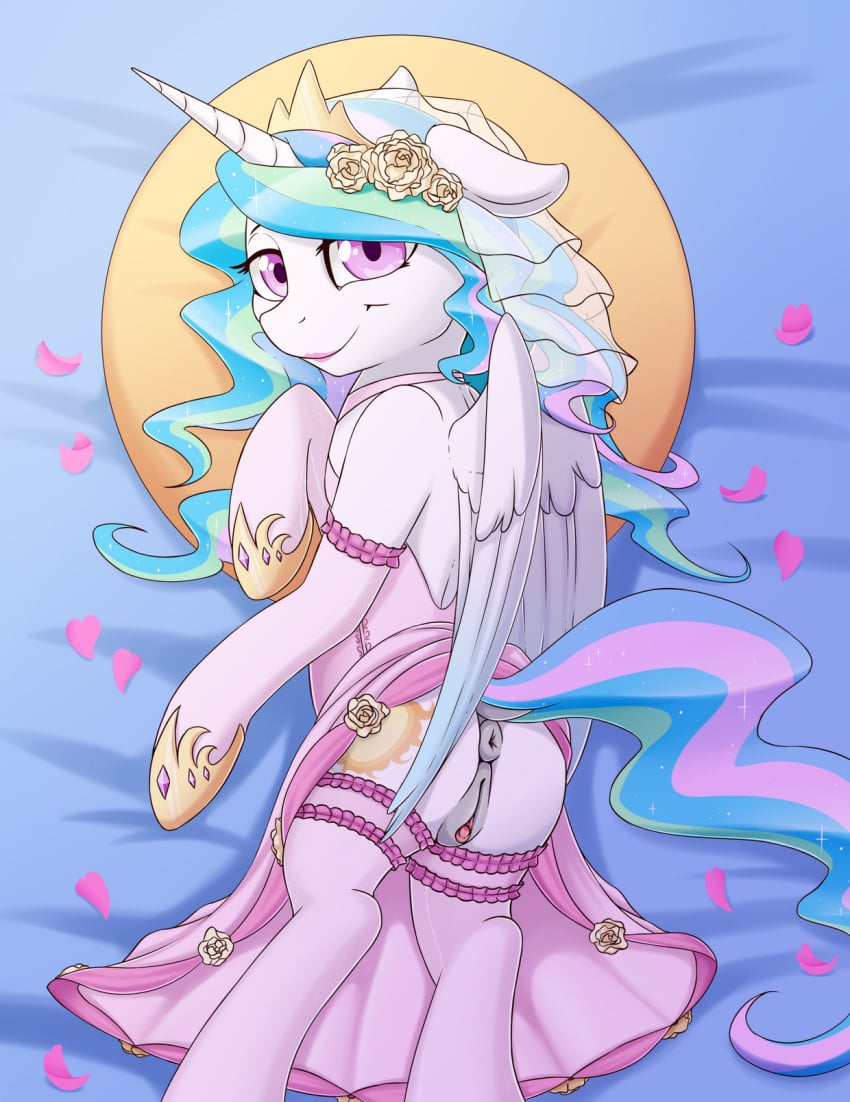 alicorn anus armwear ass clitoral_winking clitoris clothing cutie_mark dock equine fearingfun feathered_wings feathers female friendship_is_magic hi_res horn legwear looking_at_viewer mammal my_little_pony petals princess_celestia_(mlp) pussy smile solo wings