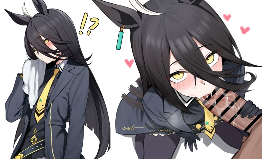 1boy 1girl ahoge bar_censor black_gloves black_hair black_jacket black_shirt blush dush_1154 fellatio fellatio_pov horse_ears horse_girl long_hair looking_at_viewer manhattan_cafe_(umamusume) multicolored_hair multiple_views solo_focus sweat umamusume umamusume_pretty_derby very_long_hair white_hair yellow_eyes yellow_necktie