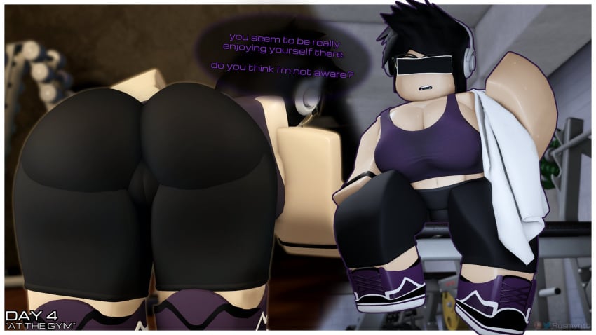 1girls 3d ass ass_focus back_view breasts cameltoe cleavage clothed clothing english_text gym gym_clothes iris_(rusmynth) original_character pussy roblox robloxian rusmynth tagme text thighs