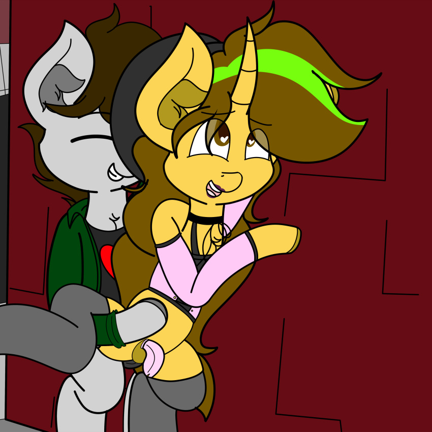 alley_way anthro brown_eyes chastity_cage clothed clothing crossdressing duo equine gay girly heart-shaped_pupils legwear lipstick makeup male mammal my_little_pony open_mouth penis stockings submissive_male theawkwarddork yaoi