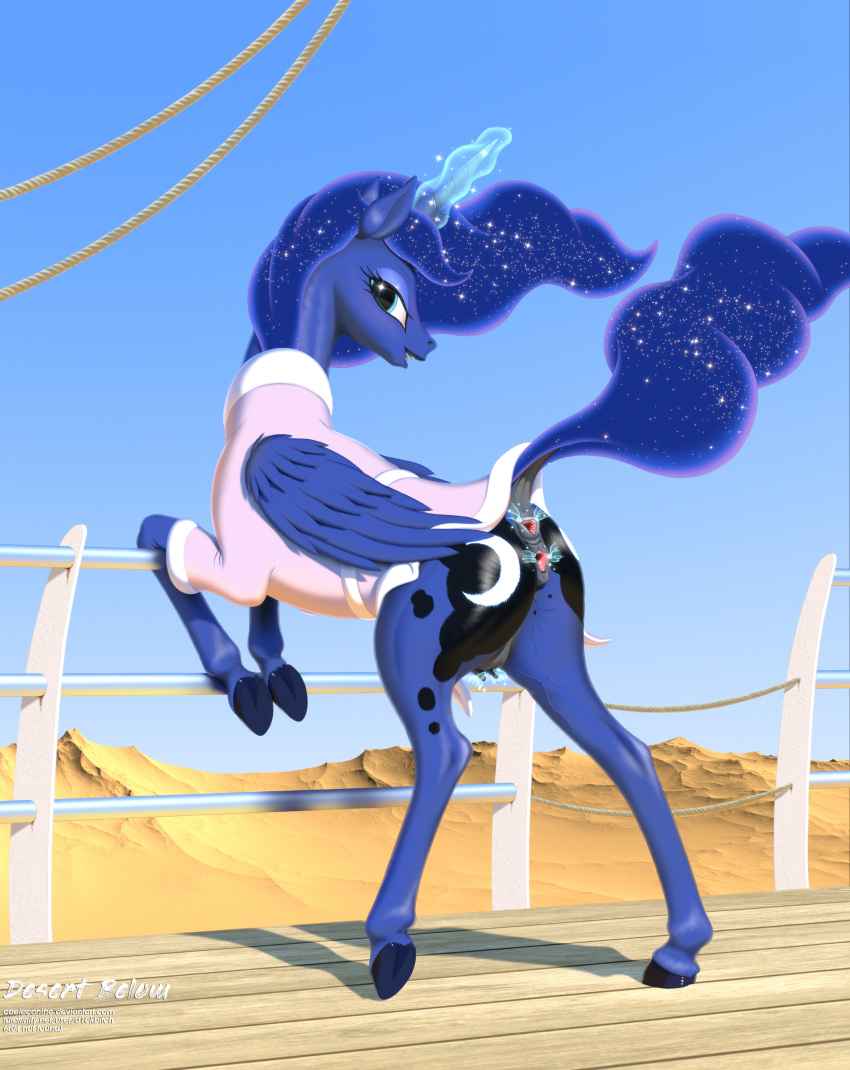 2018 absurd_res alicorn anatomically_correct animal_genitalia animal_pussy anus ass caelacanthe clitoris clothing crotchboobs cutie_mark desert dock equine equine_pussy female feral friendship_is_magic hi_res horn horse looking_at_viewer looking_back magic mammal my_little_pony nipples nude open_mouth outside pony presenting presenting_anus presenting_pussy presenting_teats princess_luna_(mlp) pussy seductive solo spread_anus spread_pussy spreading telekinesis underhoof wings