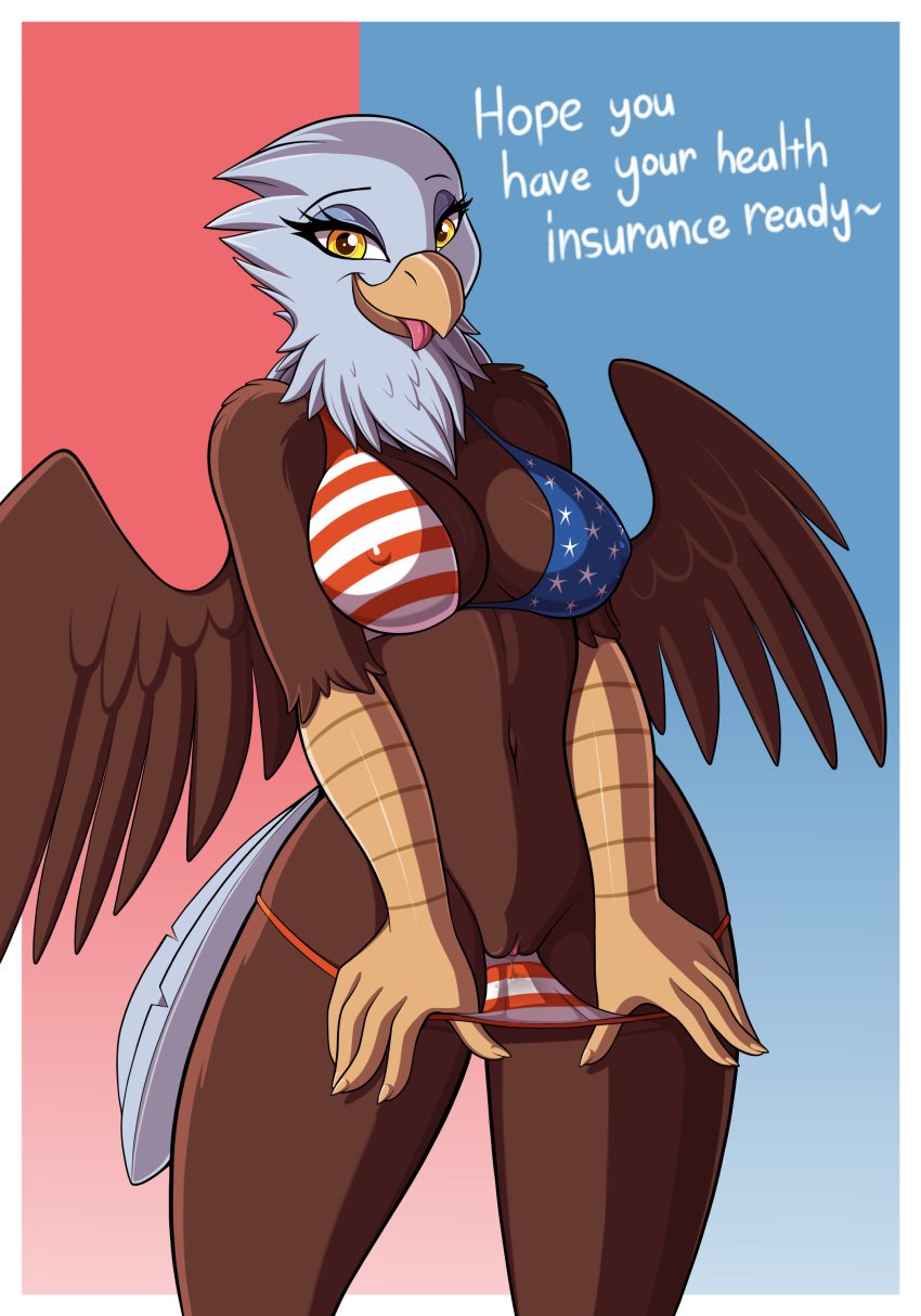 1girls 2018 absurd_res american_flag american_flag_bikini anthro avian bald_eagle beak bikini bikini_bottom_pull bird breasts brown_feathers clothing dialogue drako1997 eagle english_text eyelashes feathered_wings feathers female healthcare_eagle hi_res looking_at_viewer navel nipple_bulge non-mammal_breasts pussy solo swimsuit text tongue tongue_out vulva white_feathers wings yellow_beak yellow_eyes