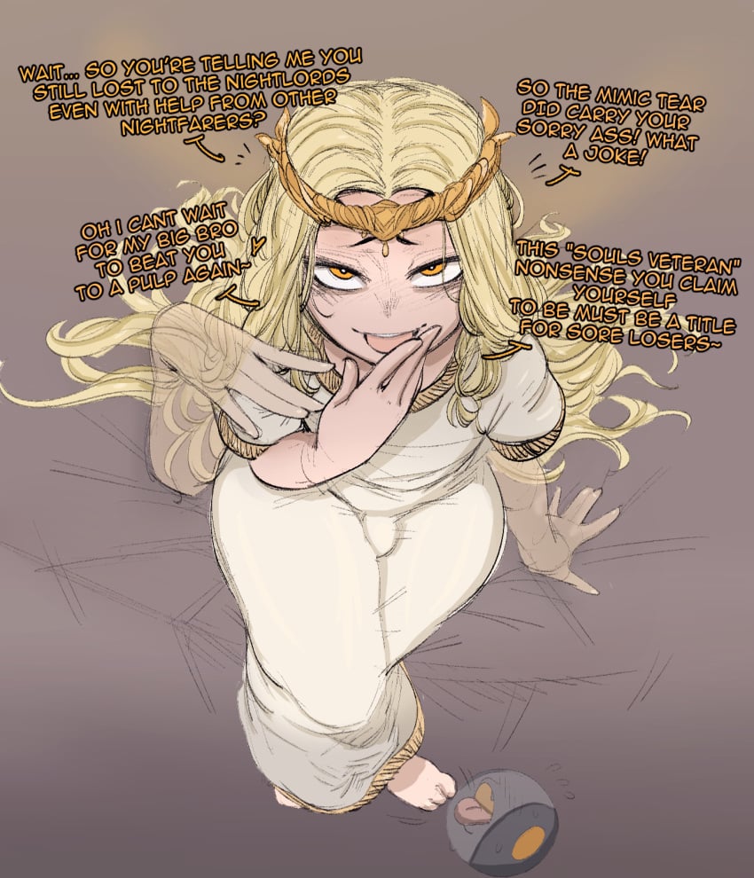1boy absurdly_long_hair blonde_hair brat bulge dress elden_ring elden_ring:_shadow_of_the_erdtree ethereal femboy fromsoftware gold_eyes ivelacia krekk0v miquella smug solo trap