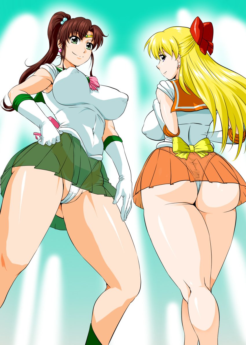 2girls ahemaru ass big_ass big_breasts bishoujo_senshi_sailor_moon blonde_hair blue_eyes bow breasts brown_hair cameltoe clothing erect_nipples erect_nipples_under_clothes female female_only gloves green_eyes green_skirt hair_bobbles hair_ornament hairbow hand_on_hip henriiku_(ahemaru) hi_res highleg highleg_leotard highleg_panties inner_senshi large_breasts leotard long_hair makoto_kino minako_aino miniskirt multiple_girls orange_skirt panties pantyshot puffy_nipples revealing_clothes sailor_jupiter sailor_senshi sailor_venus see-through skirt smile thick_thighs thighs tiara upskirt wedgie white_panties