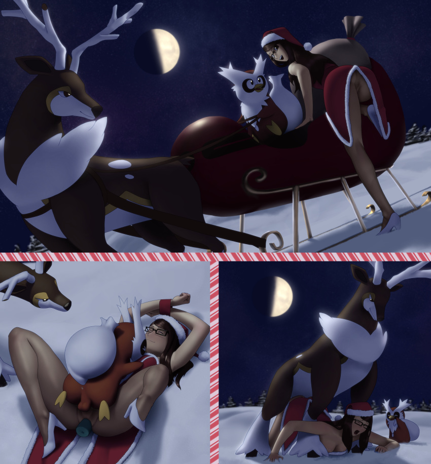 1girls 2boys anal avian breasts brown_hair christmas christmas_outfit closed_eyes clothing comic delibird double_penetration female female_human female_on_feral feral from_behind furry hi_res high_heels holidays human human_on_feral interspecies long_hair male male/female male_pokemon male_pokemon/female_human mammal moon night nintendo open_mouth original_character outside penetration penis pienji pokémon_(species) poképhilia pokemon pokemon_bw pokemon_gsc pokephilia pussy sack santa_hat santa_suit sawsbuck sex size_difference sleigh smile snow spread_legs straight trainer_iris vaginal_penetration video_games winter winter_sawsbuck zoophilia