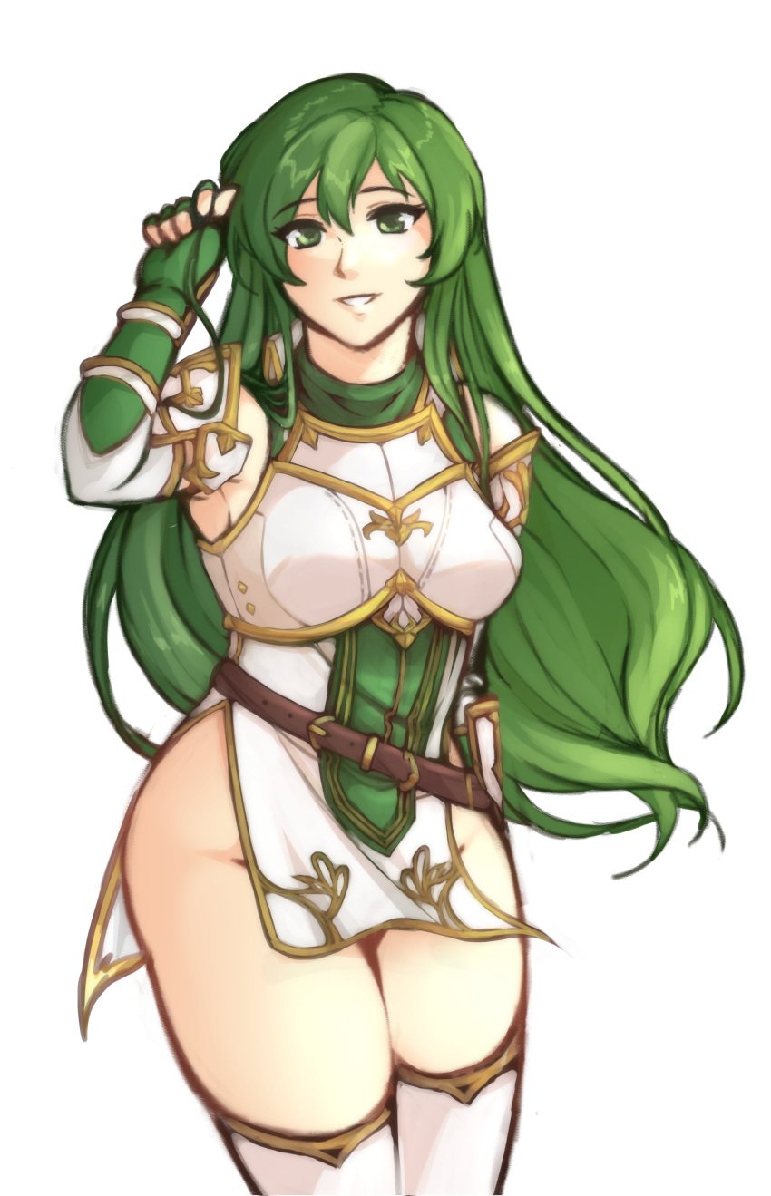 1girls bare_thighs erinys_(fire_emblem) female fire_emblem fire_emblem:_genealogy_of_the_holy_war fully_clothed green_eyes green_hair long_hair nintendo no_panties pelvic_curtain smile solo solo_female thick_thighs thighs tridisart