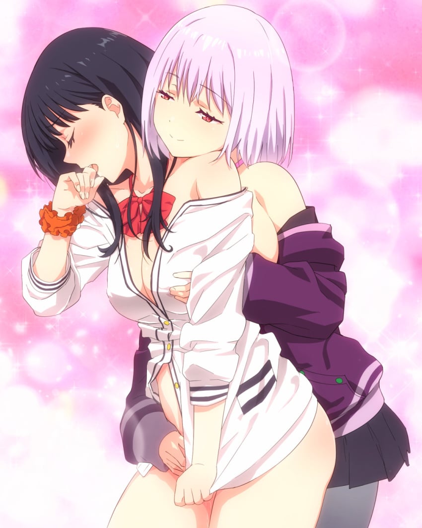 2girls adult_swim bangs black_hair black_legwear black_skirt blue_eyes blush bottomless breast_grab breasts cardigan cardigan_tug closed_eyes eyebrows_visible_through_hair finger_to_mouth fingering grabbing grabbing_from_behind groping highres jacket lavender_hair long_hair long_sleeves looking_at_another multiple_girls mushiro_(nijie728995) no_bra no_panties off_shoulder open_mouth orange_scrunchie pantyhose purple_jacket purple_neckwear red_neckwear scrunchie shinjou_akane short_hair skirt sleeves_past_wrists smile ssss.gridman sweater takarada_rikka toonami white_cardigan white_sweater wrist_scrunchie yuri