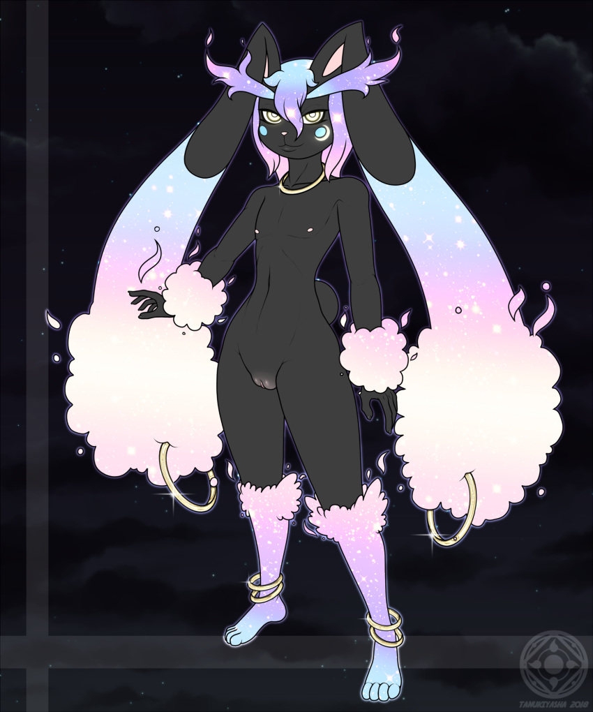 2018 alternate_color anthro black_fur cosmog cuntboy flat_chest fur fusion glowing glowing_fur hair hybrid intersex lagomorph legendary_pokemon lopunny mammal nintendo nipples nude original_character pokémon_(species) pokemon pokemon_(species) pokemon_dppt pokemon_sm pussy smile solo standing tanukiarts text video_games watermark white_eyes