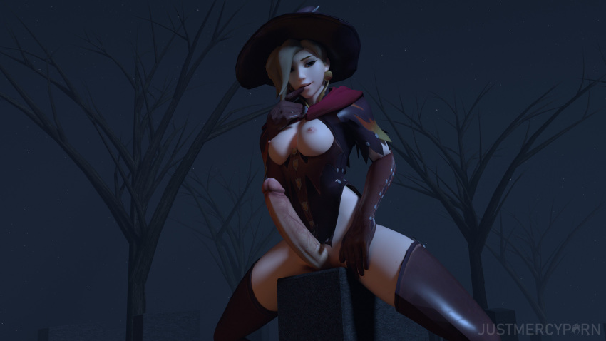 3d absurdres alternate_costume areolae breasts erection futa_only futanari highres huge_cock intersex justmercyporn looking_at_viewer mercy nipples overwatch penis thighhighs witch_mercy