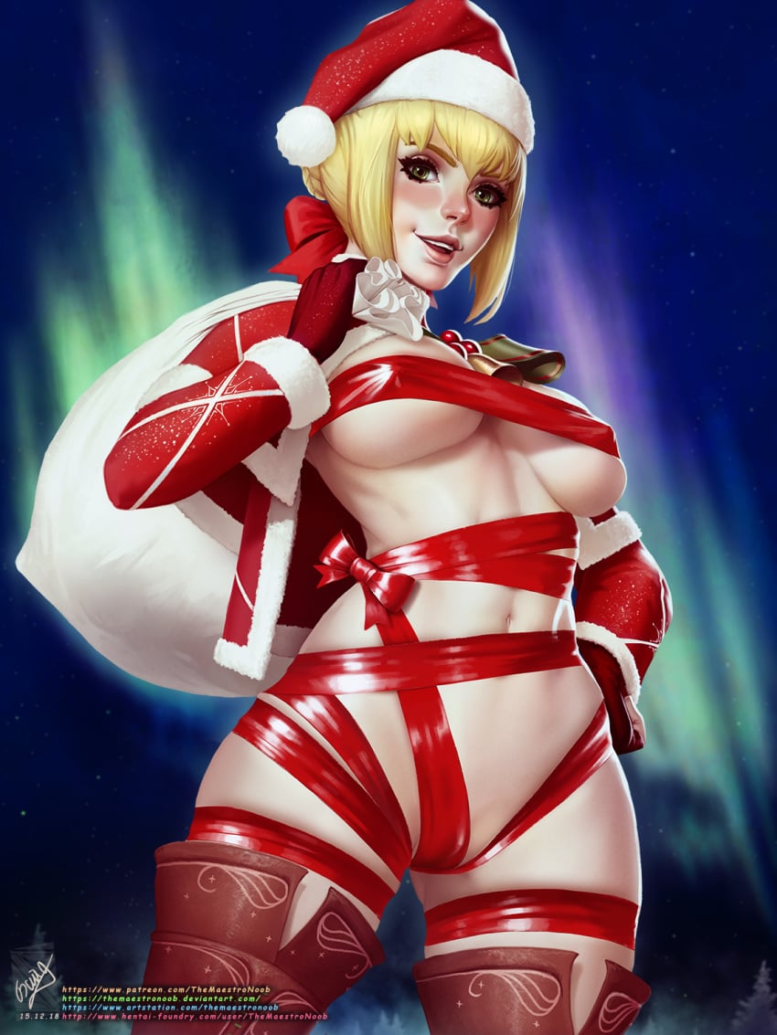 1girls abs blonde_hair bob_cut breasts christmas christmas_present cleavage curvy erect_nipples fate/grand_order fate_(series) female female_only gift_wrapped large_breasts looking_at_viewer nero_claudius_(fate) nipple_bulge nipples padoru_(meme) ribbon short_hair solo themaestronoob