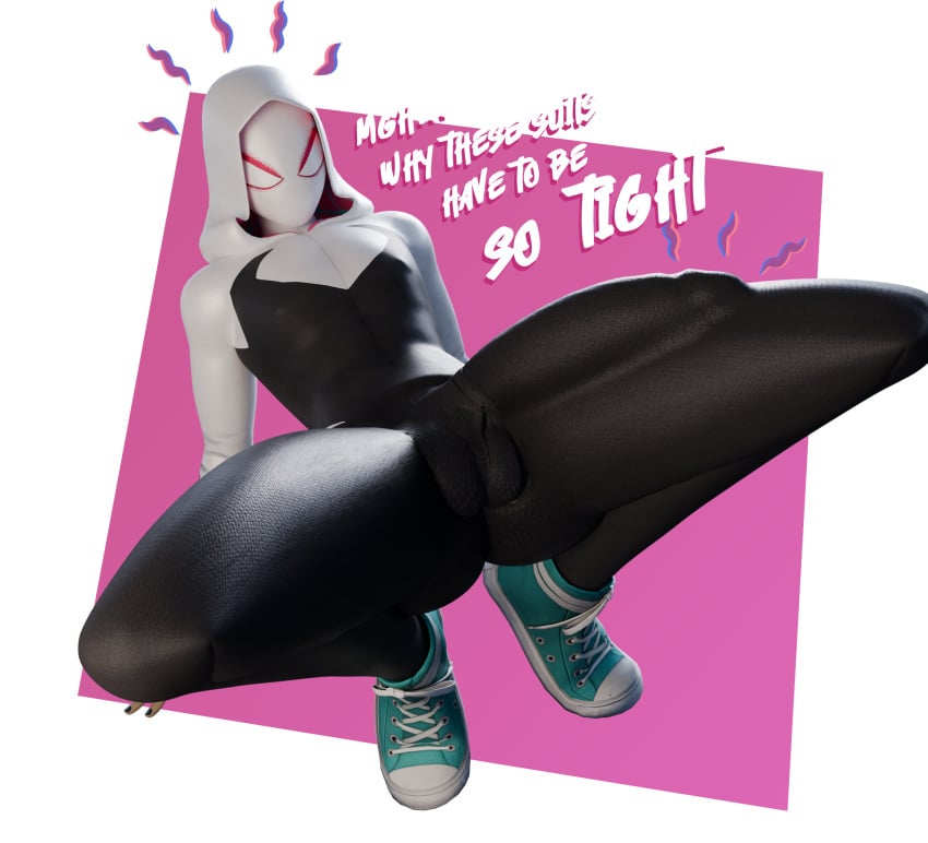 3d 3d_(artwork) annoyed big_penis bodysuit bulge bulge_through_clothing erection_under_clothes huge_cock mask masked small_d0rk spider-gwen spider_gwen text transparent_background