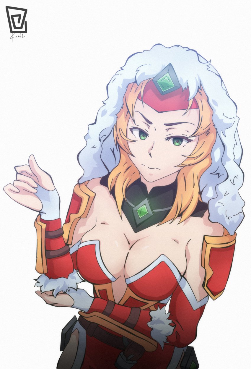 alternate_costume alternate_hair_color alternate_outfit belt big_breasts blonde blonde_hair breasts christmas green_eyes keihh lian_(paladins) merrymaker_lian paladins simple_background