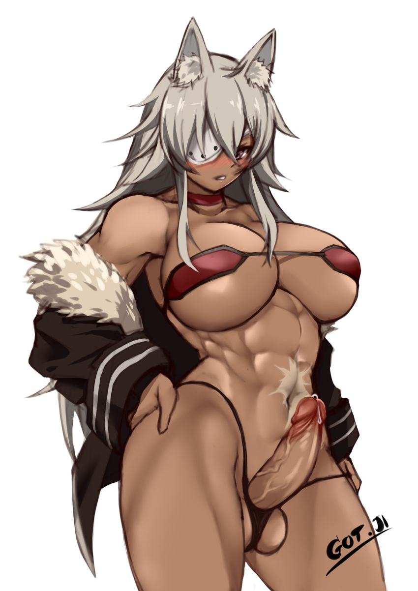 1futa abs animal_humanoid big_breasts blush blushing busty choker eyepatch futa_only futanari ghislaine_dedoldia gojich1 hand_on_hip humanoid intersex long_hair muscles muscular mushoku_tensei penis_out precum solo solo_futa solo_intersex