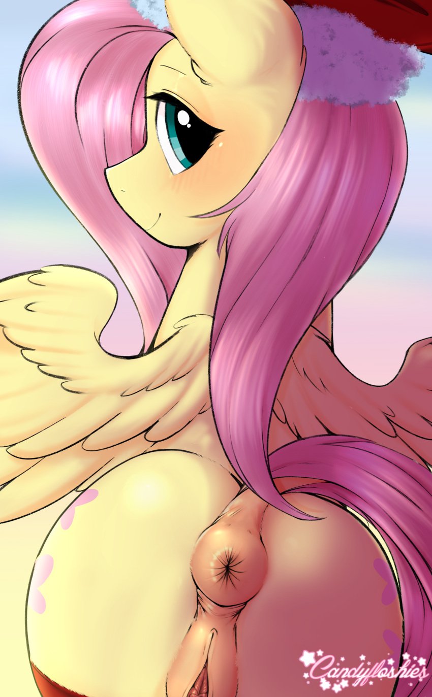 2018 absurd_res anatomically_correct anatomically_correct_pussy animal_genitalia animal_pussy anus ass christmas cutie_mark equine equine_pussy female feral fluttershy_(mlp) friendship_is_magic hi_res holidays kei_kun looking_at_viewer looking_back mammal my_little_pony pegasus pussy solo wings