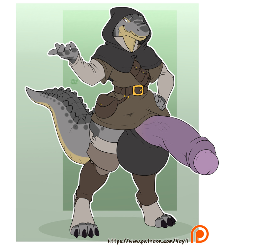 2018 anthro balls big_balls big_penis clothed clothing crocodile crocodilian half-erect huge_balls huge_cock humanoid_penis hyper hyper_balls hyper_penis kesh_(talash) looking_at_viewer male male_only penis pinup pose reptile scalie smile solo standing thick_thighs uncut veyll wide_hips