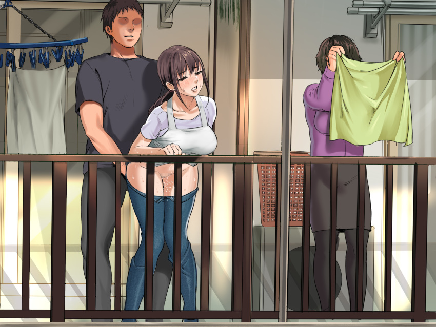 2girls apron basket blush breasts brown_eyes brown_hair clenched_teeth clothed_sex clothes_pin clothesline denim door full_body highres holding inkey jeans large_breasts legs legs_together long_hair long_ponytail looking_at_viewer male matching_hair/eyes multiple_girls no_eyes no_panties original outdoors pants pants_down pantyhose ponytail pussy_juice risou_no_oku-san_to!_shitaikoto,_zenbu sex skirt standing sweat teeth thighs vaginal_penetration wet