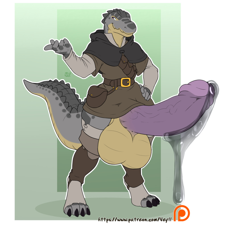 2018 anthro balls big_balls big_penis clothed clothing crocodile crocodilian cum erection huge_balls huge_cock humanoid_penis hyper hyper_balls hyper_penis kesh_(talash) looking_at_viewer male male_only no_underwear penis pinup pose reptile scalie smile solo standing thick_thighs uncut veyll wide_hips