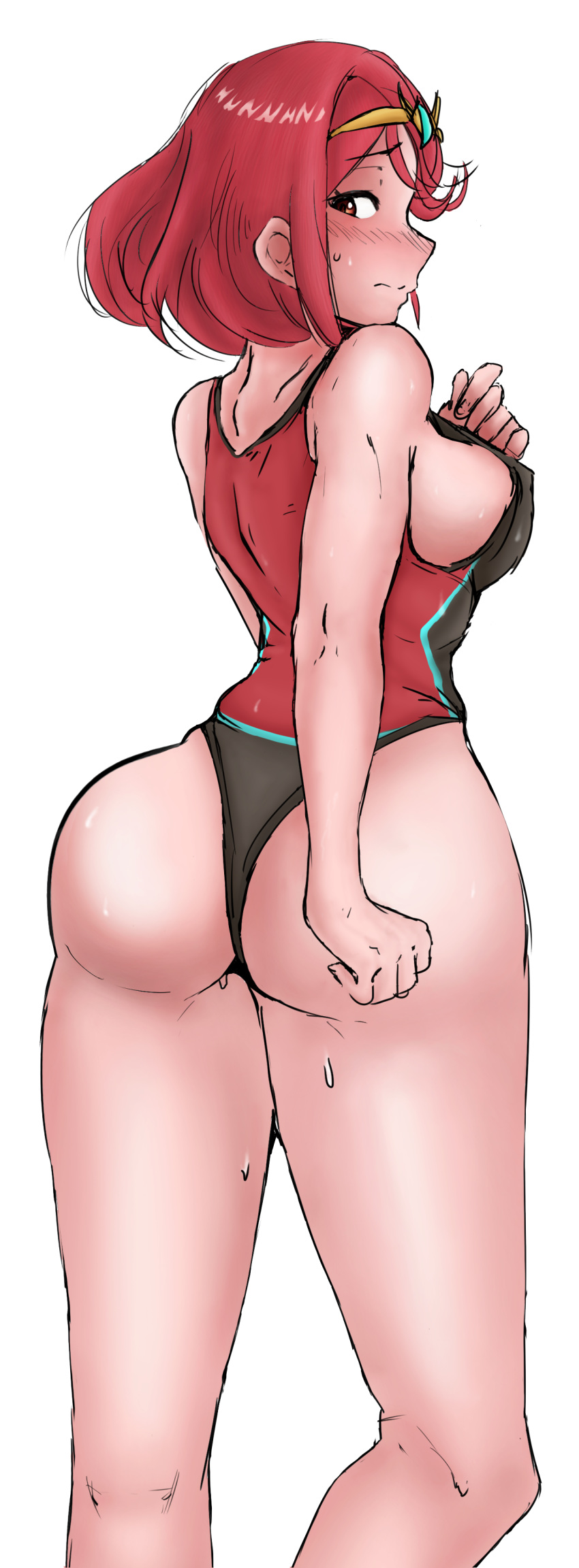 1girls artist_request big_ass big_breasts blush bodysuit edit edited looking_back misusage pyra red_hair sideboob source_request sweat swimsuit xenoblade_(series) xenoblade_chronicles_2