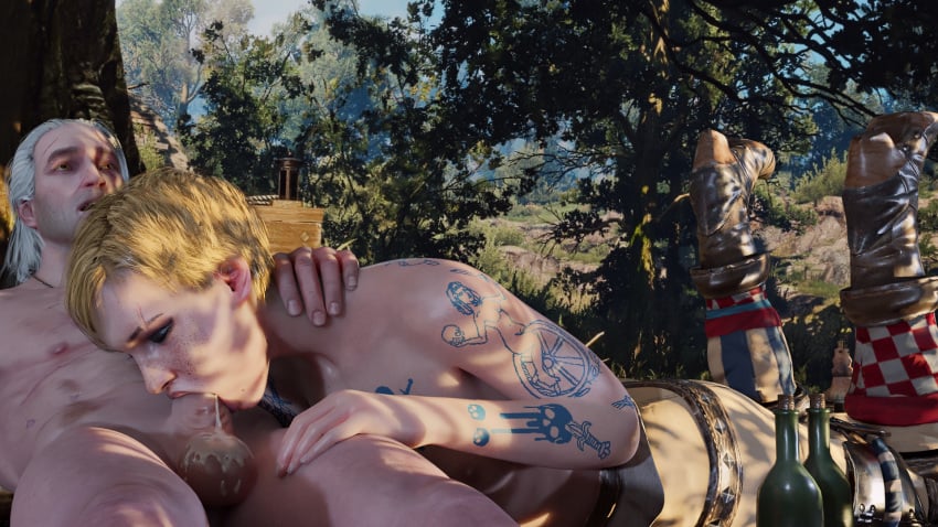 1boy 1girls 3d blonde_hair cd_projekt_red cum_on_balls fellatio female geralt_of_rivia male niodreth oral outside tattoo the_witcher the_witcher_(series) the_witcher_2 the_witcher_3:_wild_hunt ves