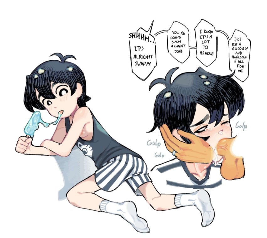 2boys balls blowjob crying cum cum_in_nose gay gulp hand_on_face hero_(omori) licking_popsicle male male/male male_only mozzaremi omori one_eye_closed praise socks suggestive_pose sunny_(omori) yaoi