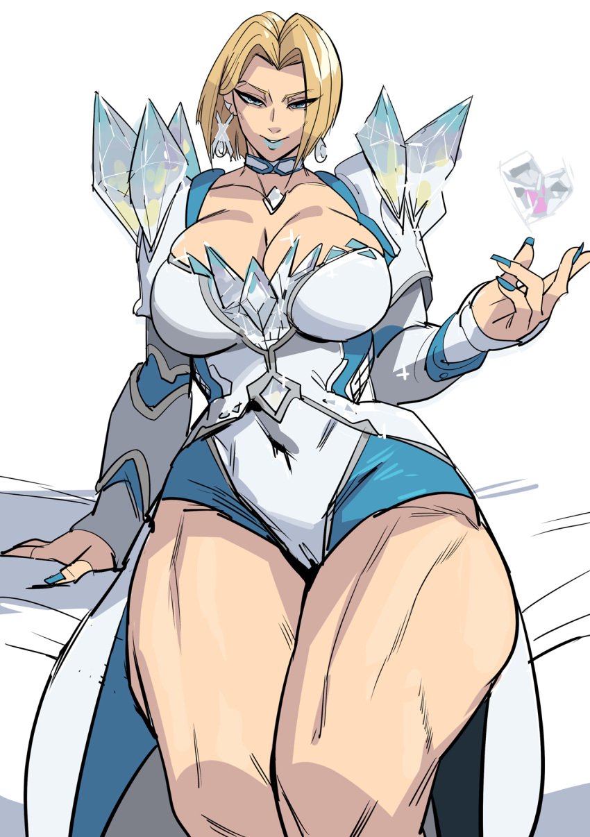 1girls blonde_female blonde_hair blue_eyes blue_lipstick blue_nails bob_cut breasts cleavage covered_navel earrings emma_frost emma_frost_(marvel_rivals) female jewelry large_breasts looking_at_viewer marvel marvel_comics marvel_rivals necklace short_hair simple_background sitting solo thick_thighs thighs white_background yuta_agc