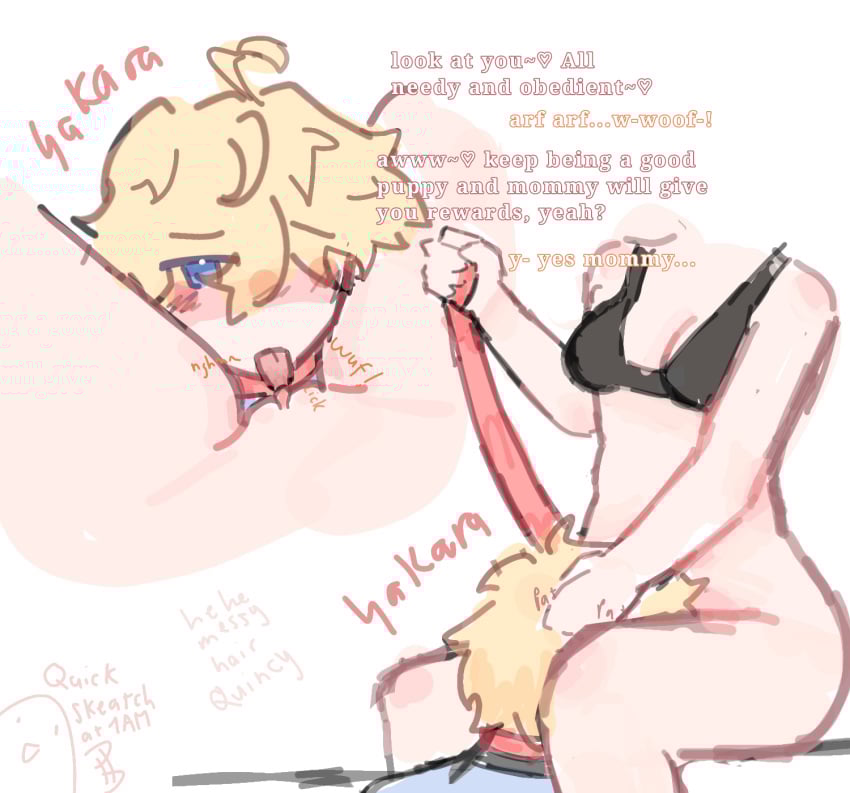 1boy 1girls 2025 blond_male blonde_hair blue_shirt bra colored_sketch cunnilingus digital_media_(artwork) doodle_world english_text female female_human female_pov good_boy head_between_thighs leash leash_and_collar licking licking_clitoris licking_pussy looking_at_viewer male messy_hair petplay pov puppy puppyplay quincy_(doodle_world) roblox roblox_game self_upload short_hair simple_background sitting sketch straight text thighs yakara
