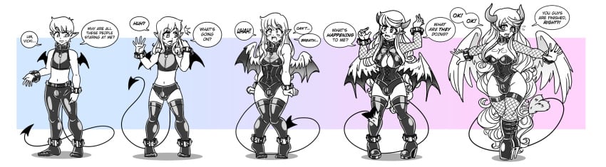 1boy 1futa 2013 angel_wings balls balls_in_panties bimbo bimbofication blush breast_growth breasts bulge cleavage clothed clothing collar corset crossdressing curvy demon demon_horns demon_tail demon_wings demoness dialogue embarrassed flaccid footwear futa_is_bigger futa_only futanari futanarization gender_transformation genderswap hair high_heel_boots high_heels horn hourglass_figure huge_breasts hybrid incubus intersex large_breasts lingerie long_hair lorddragonmaster male male_only male_to_futa monochrome navel panties panty_bulge penis penis_in_panties penis_under_clothes pigeon_toed rubber sequence shoes short_hair simple_background solo standing surprise transformation trap wide_hips wings