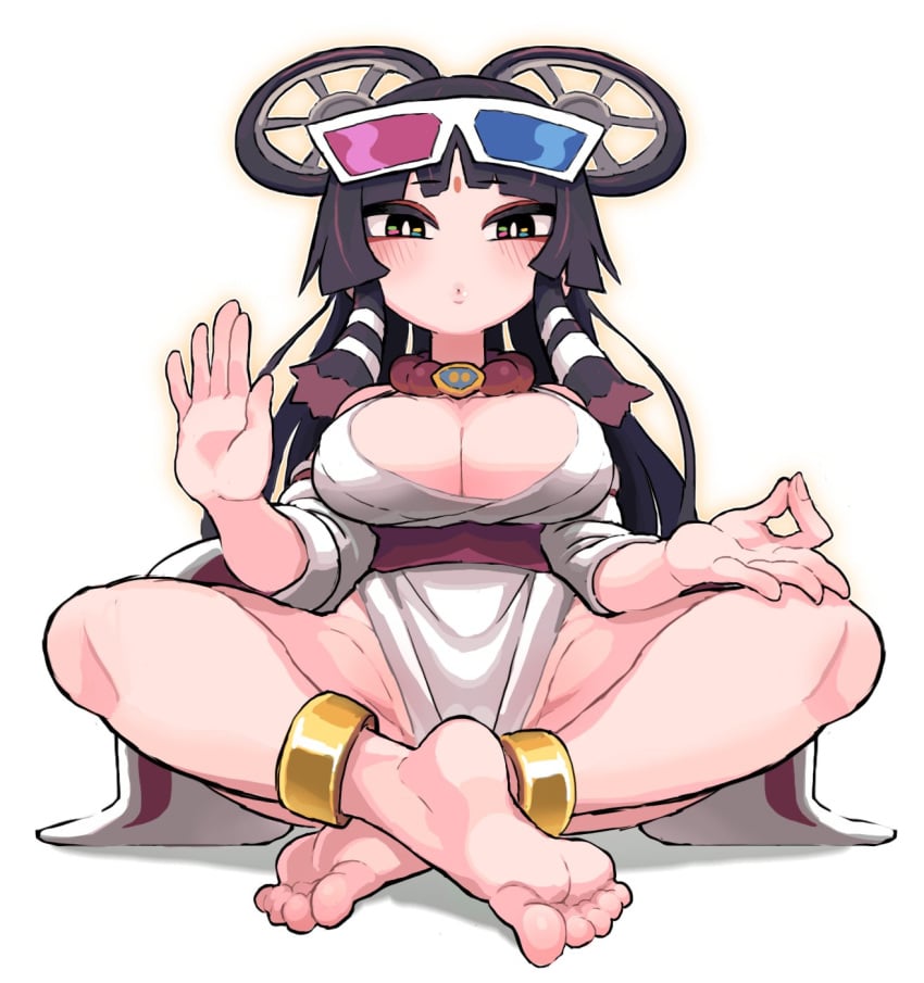 3d_glasses breasts cross-legged feet gashi-gashi looking_at_viewer meditating movie_goddess_(gashi-gashi) soles toes