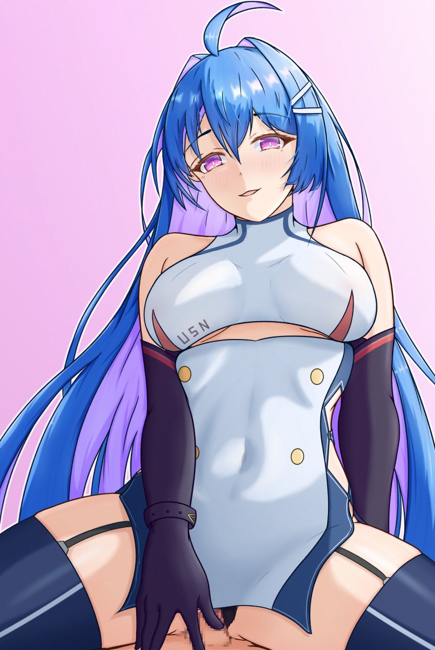 1boy 1girls :d absurdres arm_behind_back assertive_female azur_lane bare_shoulders between_legs black_gloves black_panties blue_hair boots breasts buttons censored clothed_female_nude_male clothed_sex clothing_aside clothing_cutout covered_navel cowgirl_position double-breasted dress eagle_union_(azur_lane) elbow_gloves english_commentary female garter_straps gloves hair_between_eyes hair_ornament hairclip half-closed_eyes hand_between_legs helena_(azur_lane) highres light-skinned_female light-skinned_male light_skin long_hair looking_at_viewer looking_down male male_pov medium_breasts multicolored_hair nude panties panties_aside penis pov purple_eyes purple_hair pussy sex short_dress skin_tight sleeveless sleeveless_dress smile solo_focus spread_legs straddling straight thigh_boots thighs two-tone_hair underboob underboob_cutout underwear upskirt vaginal_penetration very_long_hair white_dress wororg