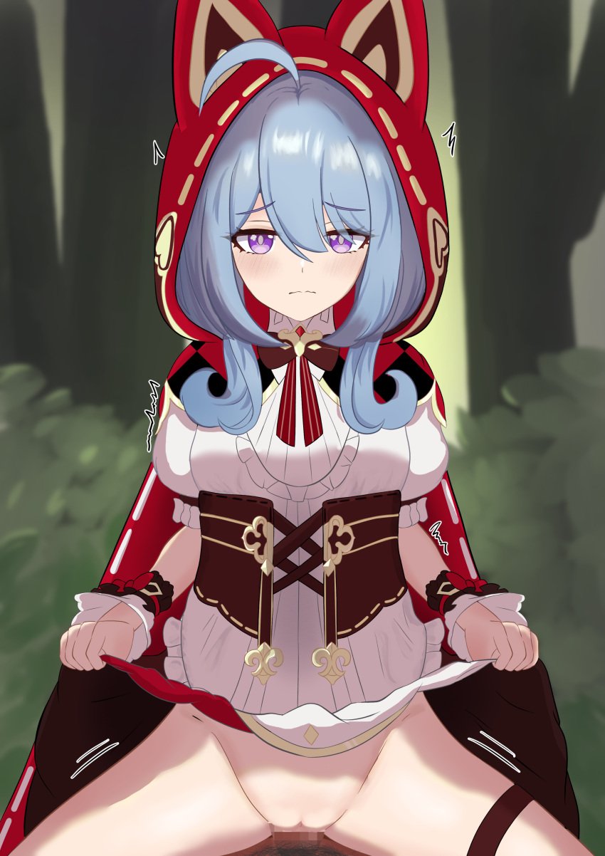 1boy absurdres ahoge animal_ears blue_hair captain_(honkai_impact) censored closed_mouth clothed_female_nude_male clothes_lift cowgirl_position dog_ears dress erection fake_animal_ears female forest griseo griseo_(maroon_riding_hood) griseo_(starry_impression) highres honkai_(series) honkai_impact_3rd lifting_own_clothes looking_at_viewer male mosaic_censoring nature ng1sh8 no_panties nude penis pov puffy_short_sleeves puffy_sleeves purple_eyes pussy red_hood sex short_sleeves straddling straight textless_version thigh_strap tree vaginal_penetration white_dress
