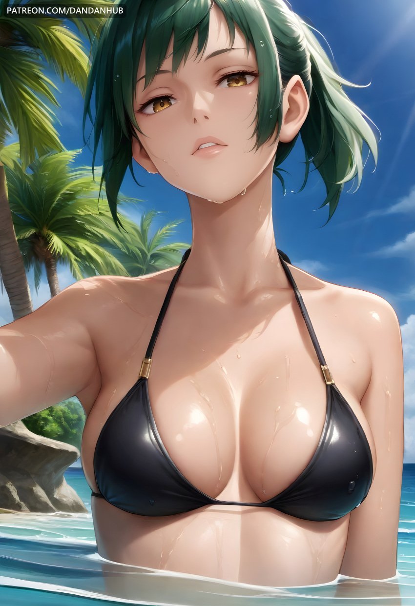 ai_generated bangs bare_shoulders bikini black_bikini blue_sky breasts brown_eyes cleavage collarbone dandanhub day female green_hair halterneck jujutsu_kaisen lips looking_at_viewer medium_breasts ocean outdoors palm_tree parted_lips partially_submerged ponytail shiny shiny_skin short_hair sky solo swimsuit tree upper_body water wet yellow_eyes zenin_maki